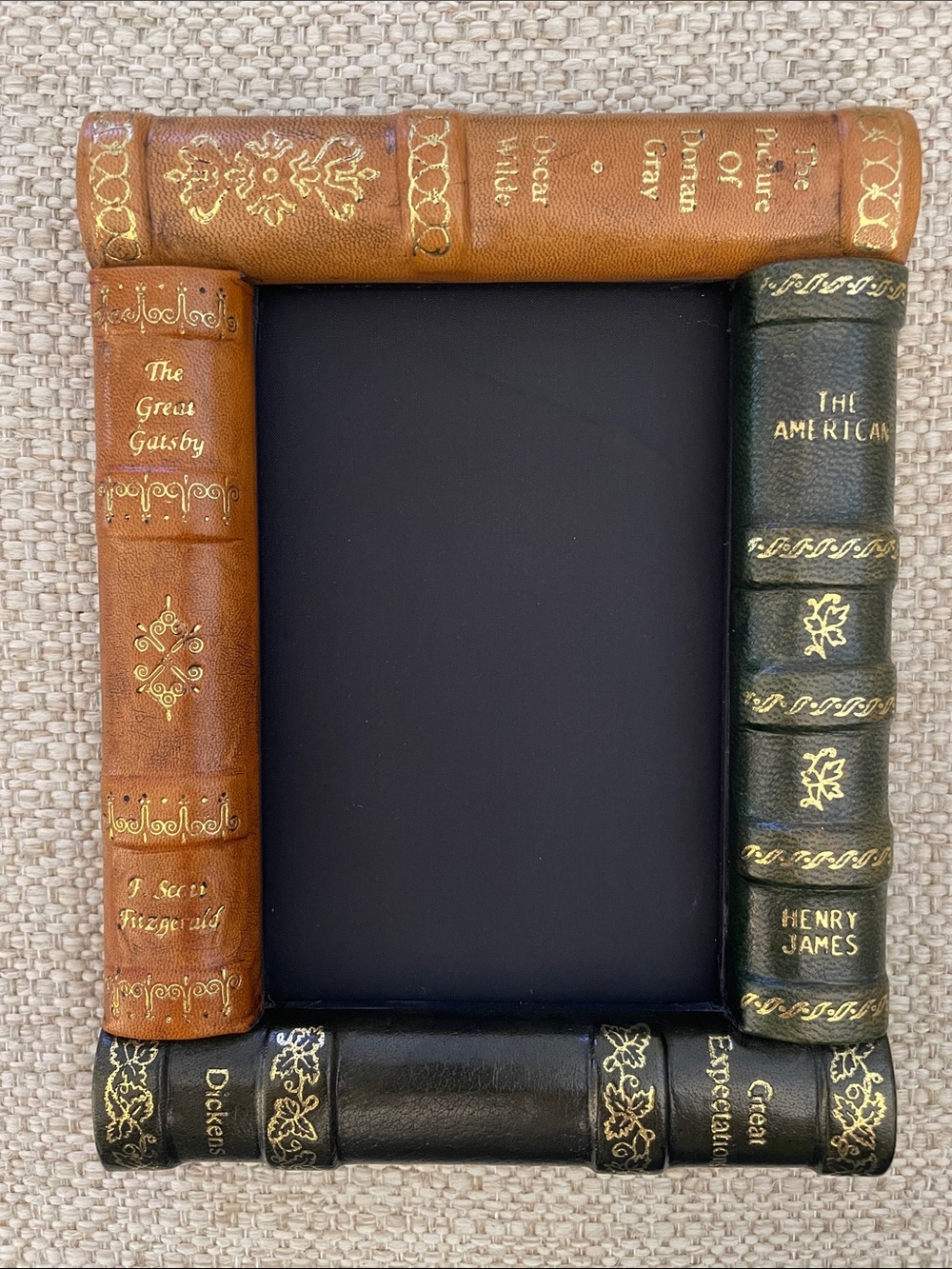 Faux Leather Book Spine Picture Frame in Tan, Green, and Black